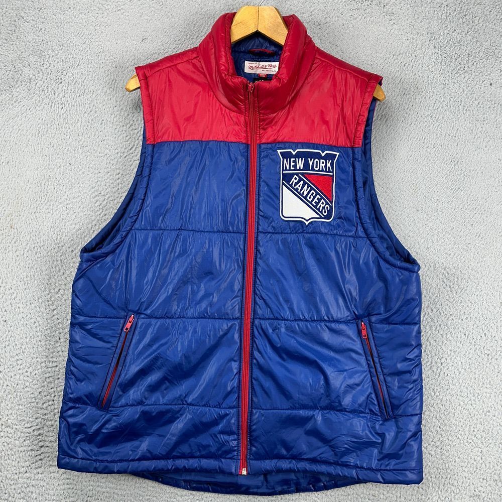 New York Rangers NHL Full Zip Vest Mens XL Red Bue Vintage Hockey Mitchell Ness - Picture 2 of 12